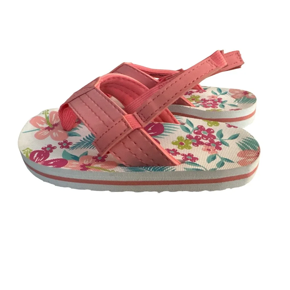 Pink Floral Toddler Flip Flop Sandals with Elastic Back Strap Size 7/8